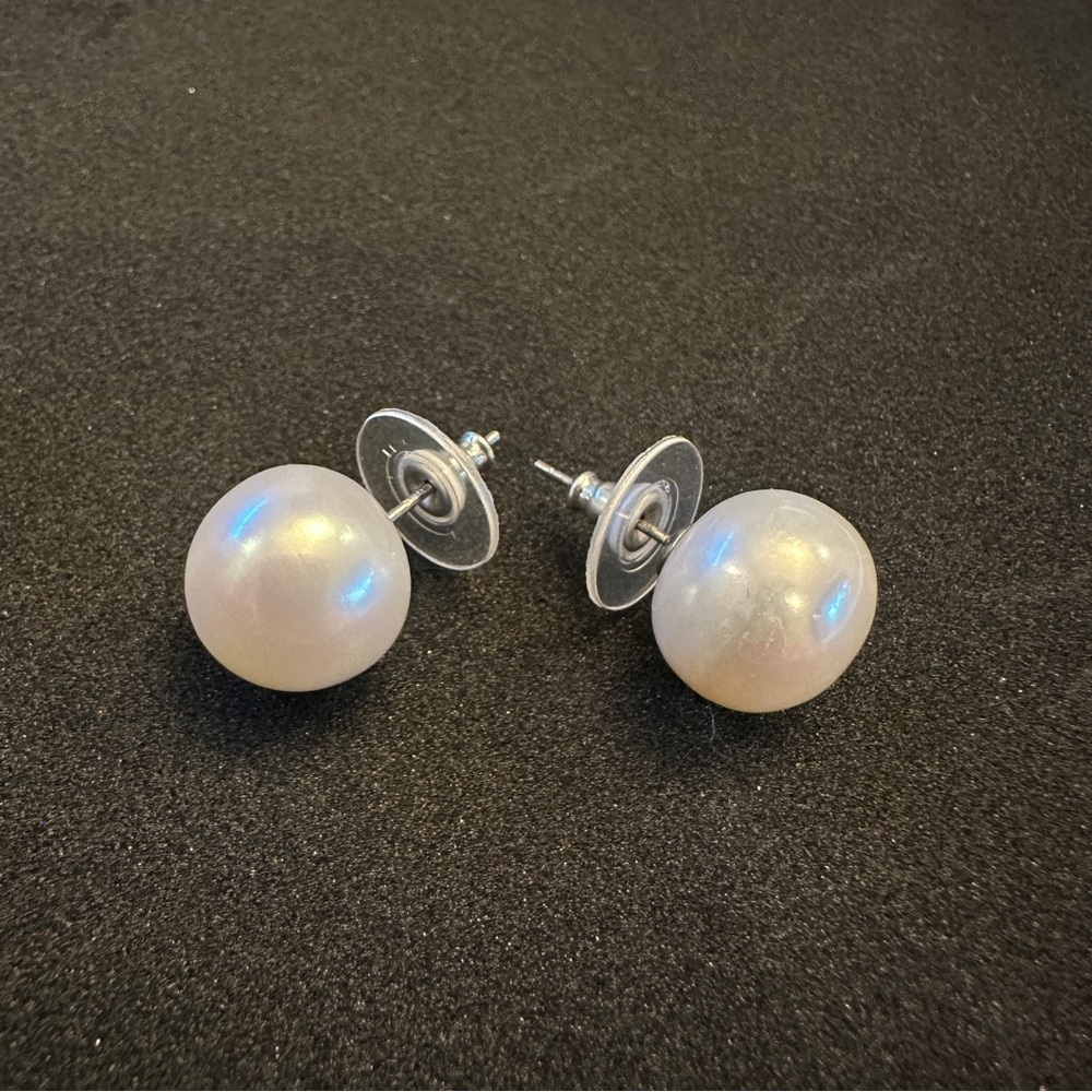 Freshwater White 12-13mm Pearl Earrings Silver Stud Classic Old Money